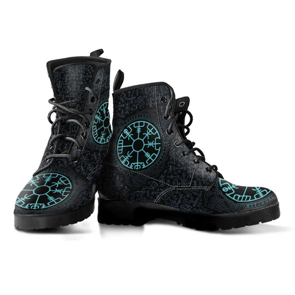 Viking Men's Leather Boots, Vegvisir Symbol and Futhark RLT12