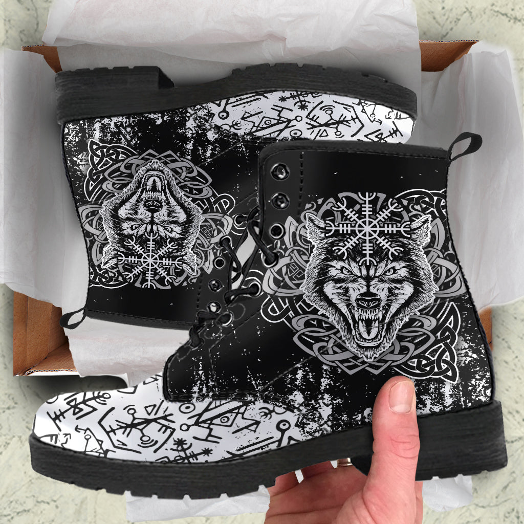 Viking Wolf With Vegvisir Art Leather Boots LT12