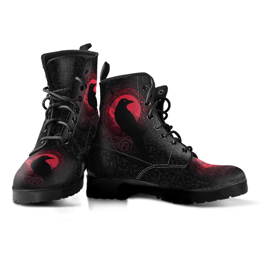 Viking Women's Leather Boots, The Raven Of Odin with Futhark RLT12