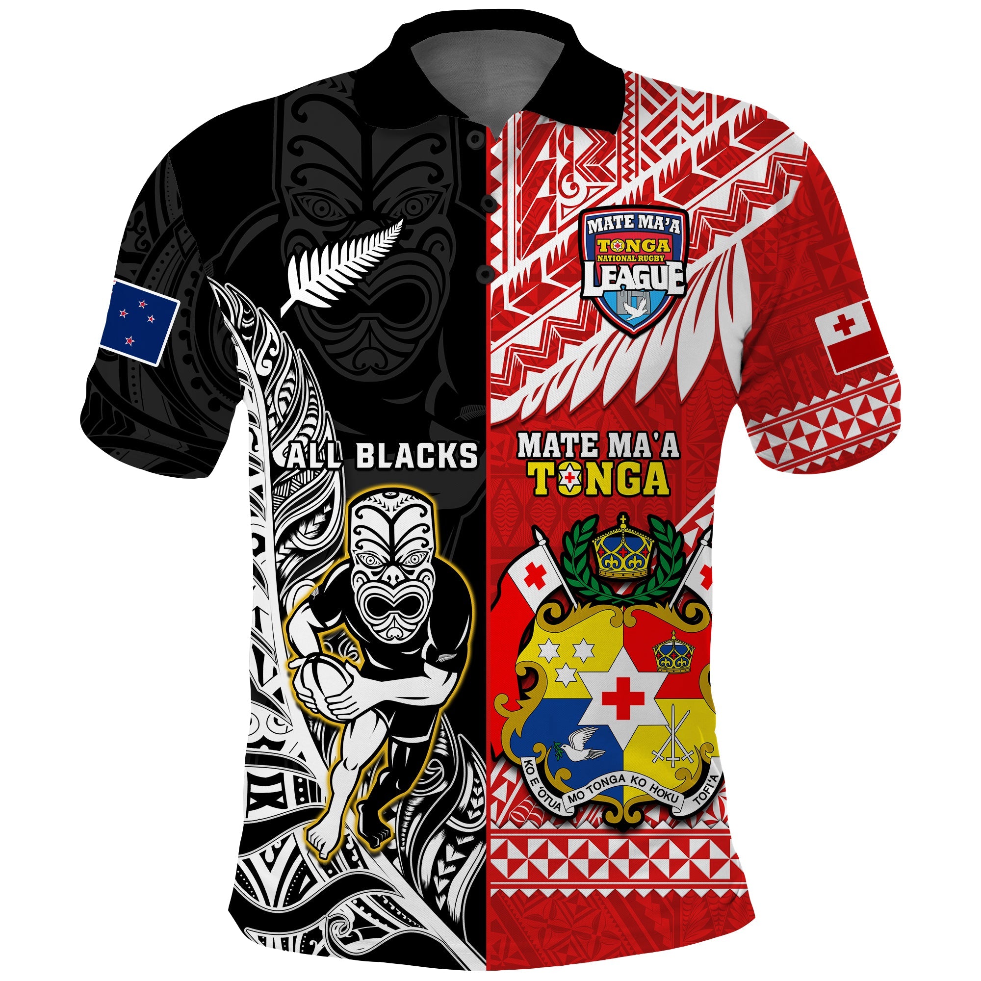 Custom Mate Maa Tonga All Black Rugby Polo Shirt Polynesian Mix NZ Maori Fern LT14