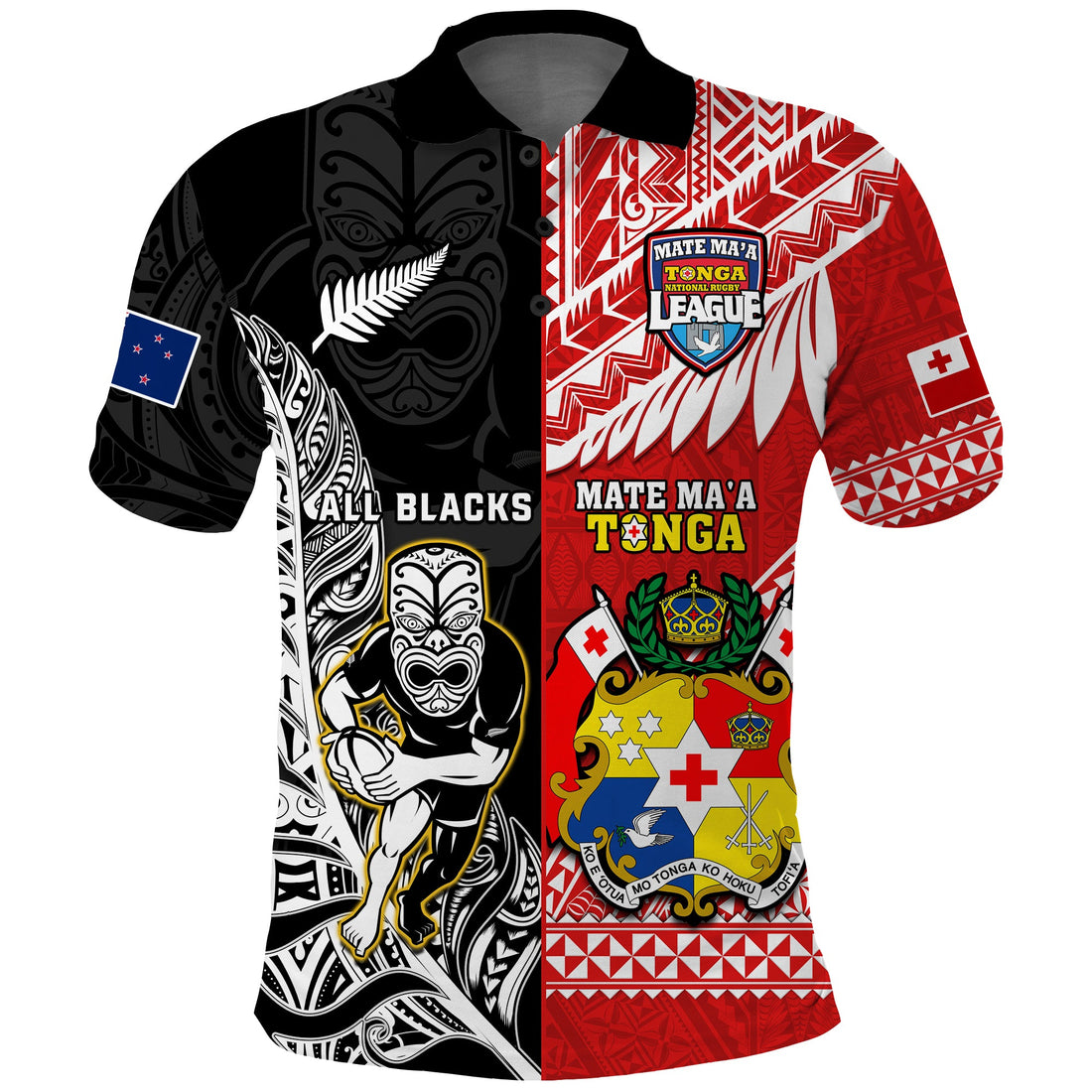Custom Mate Maa Tonga All Black Rugby Polo Shirt Polynesian Mix NZ Maori Fern LT14