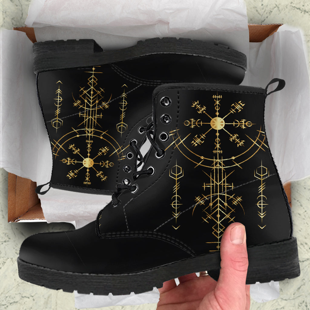 Viking Helm of Awe Gold Art Sherpa Leather Boots LT12