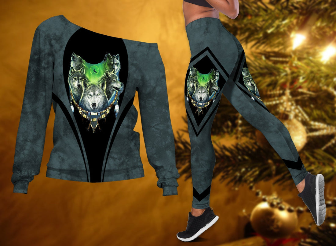 Native American Wolf Pack Moon Light All Off shoulder Sweater Leggings Set LT10