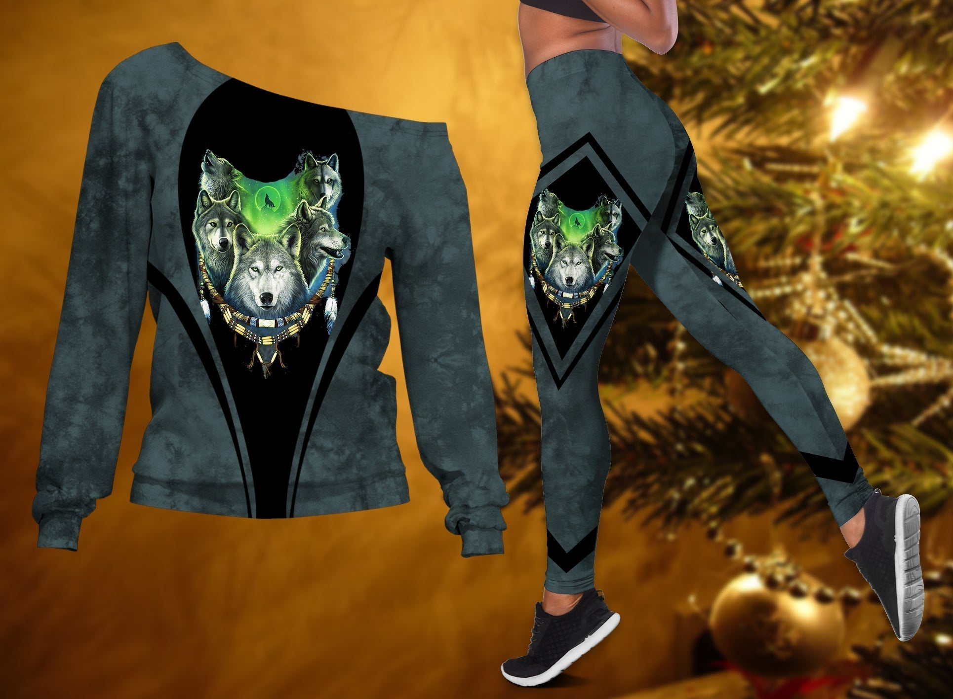 Native American Wolf Pack Moon Light All Off shoulder Sweater Leggings Set LT10