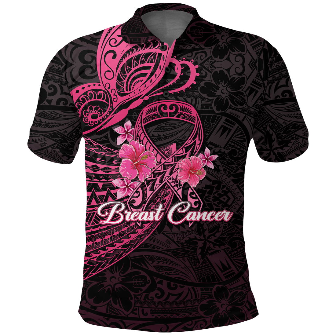 Custom Breast Cancer Pink Ribbon Butterfly Polynesian Black Version Polo Shirt LT12