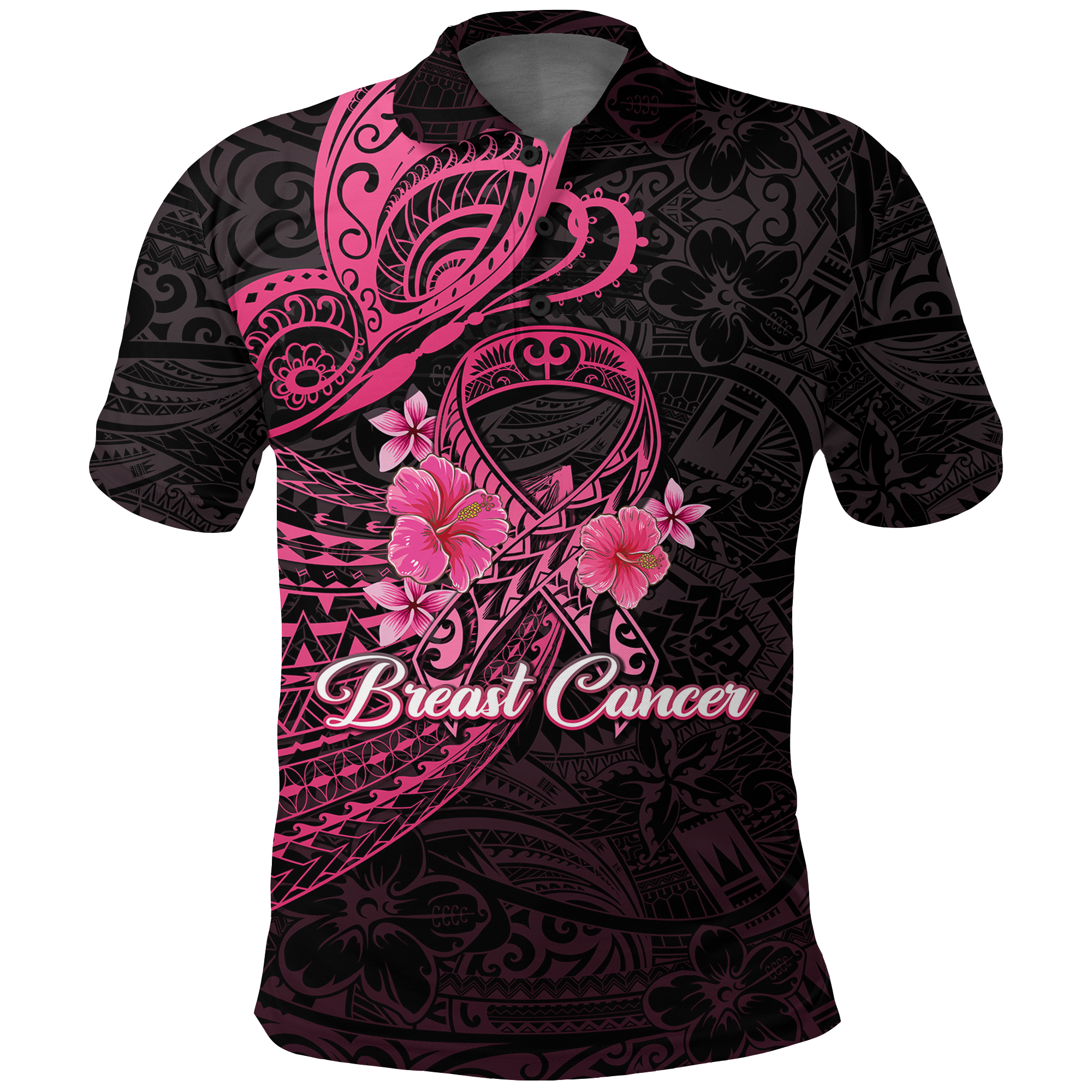 Custom Breast Cancer Pink Ribbon Butterfly Polynesian Black Version Polo Shirt LT12