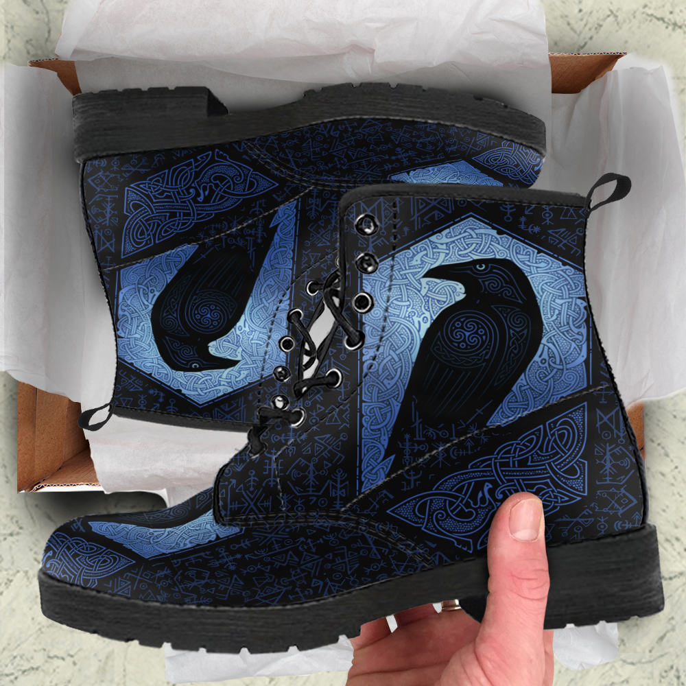 Viking Women's Leather Boots, The Raven Of Odin with Futhark RLT12