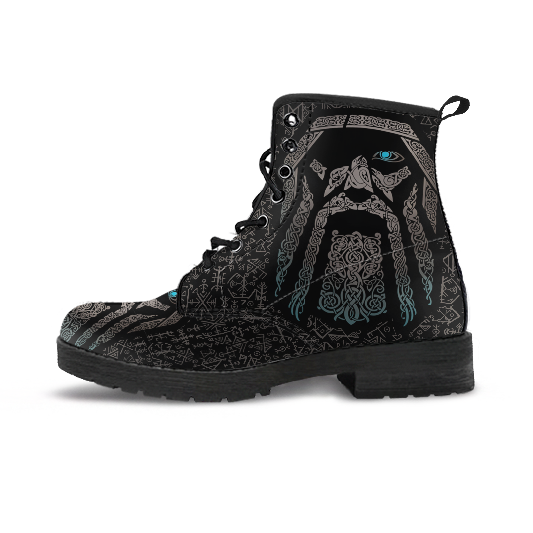 Viking Women's Leather Boots, God Odin Tattoo with Futhark RLT12