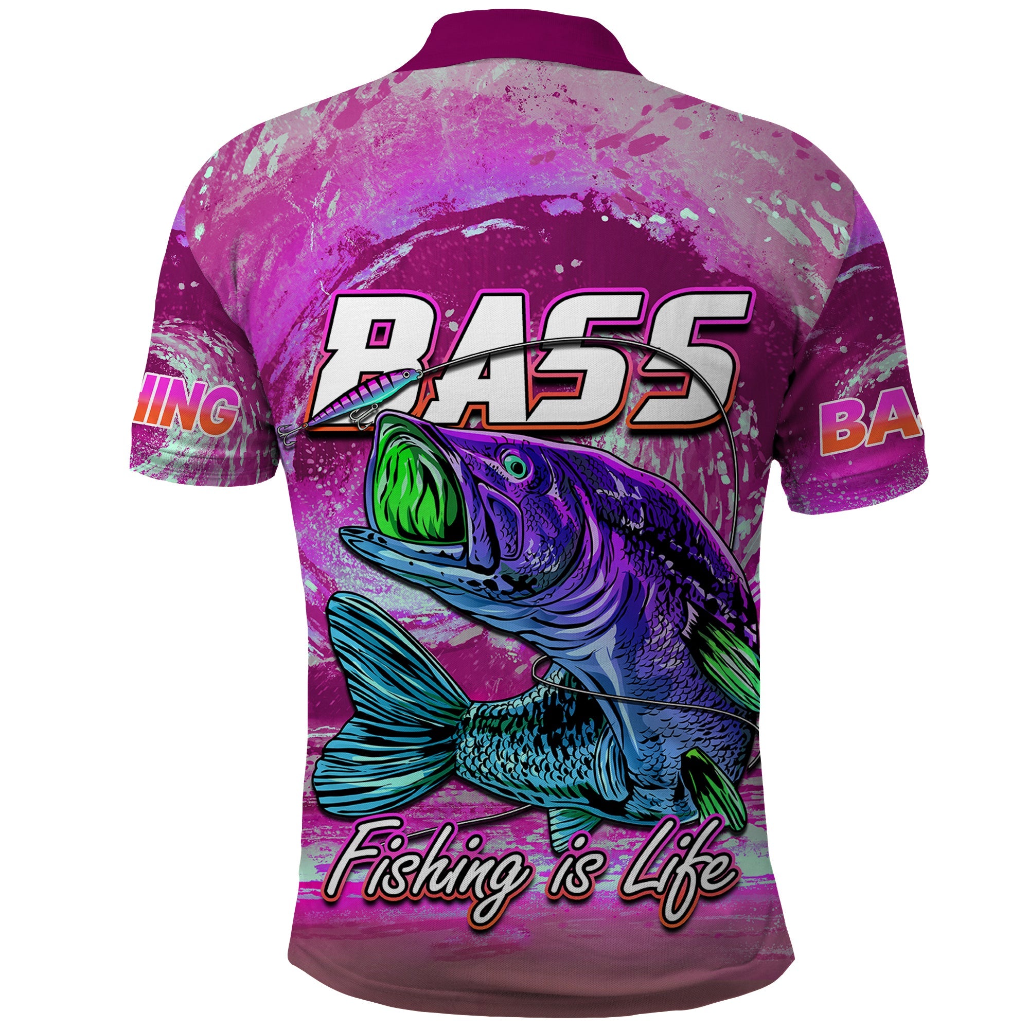 Bass Fishing Polo Shirt Fishing is Life Hook Sport Largemouth Pink LT9