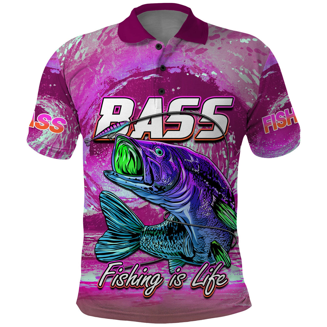Bass Fishing Polo Shirt Fishing is Life Hook Sport Largemouth Pink LT9