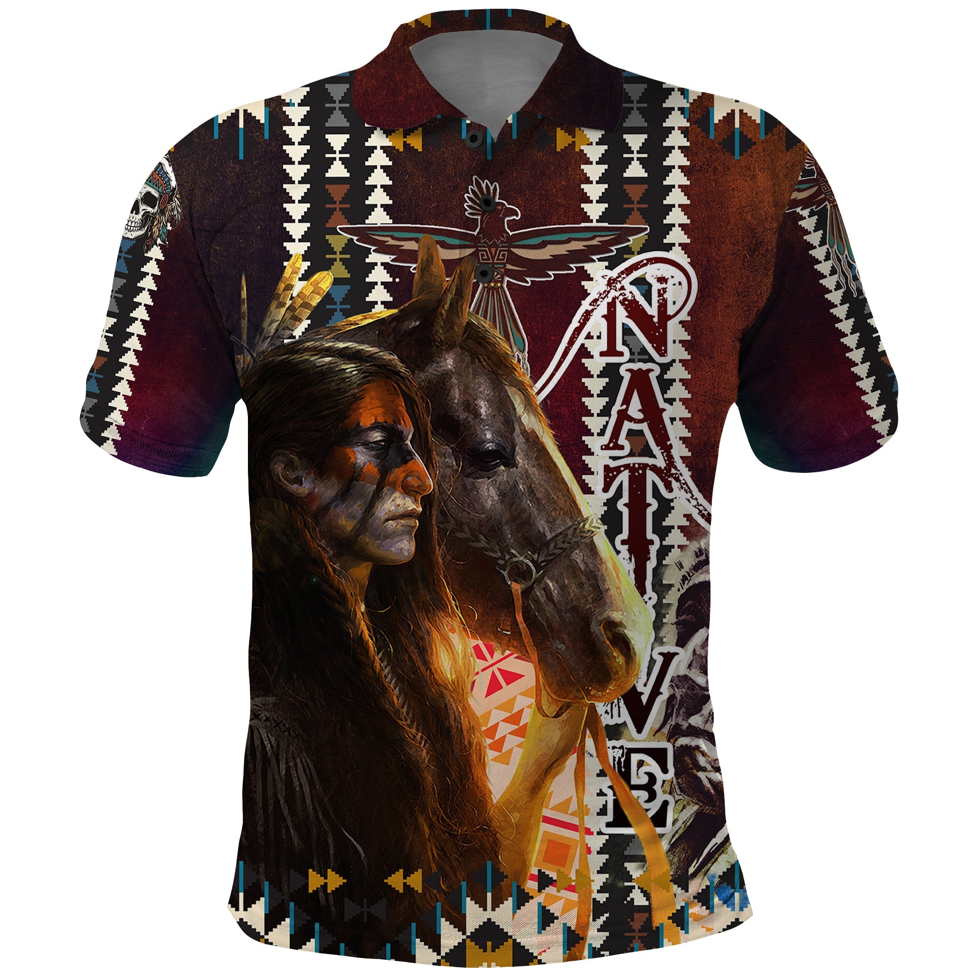 Native American Horse Painting Skull and Eagle Navajo Style Polo Shirt TS04