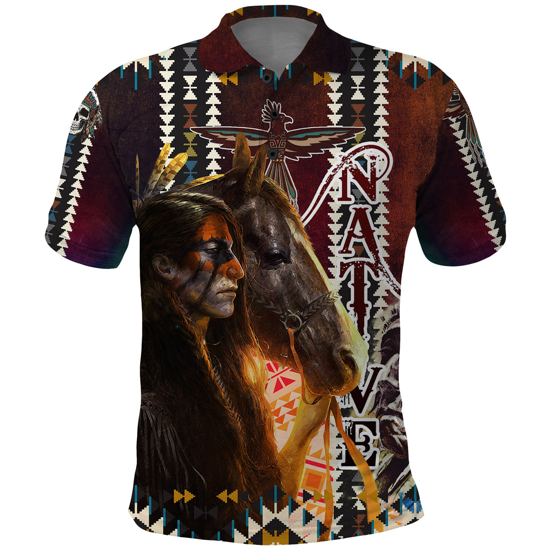 Native American Horse Painting Skull and Eagle Navajo Style Polo Shirt TS04