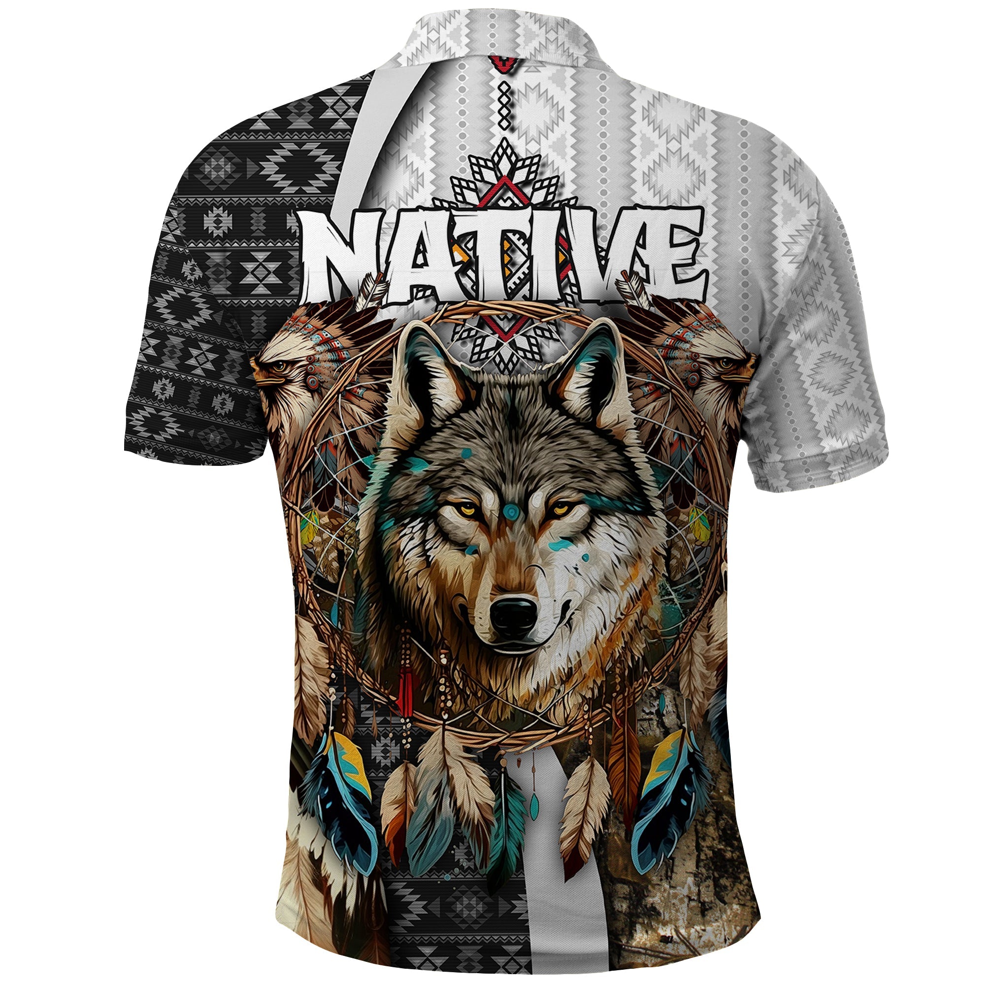 Native American Wolf Dreamcatcher with Eagles Feathers Polo Shirt TS04