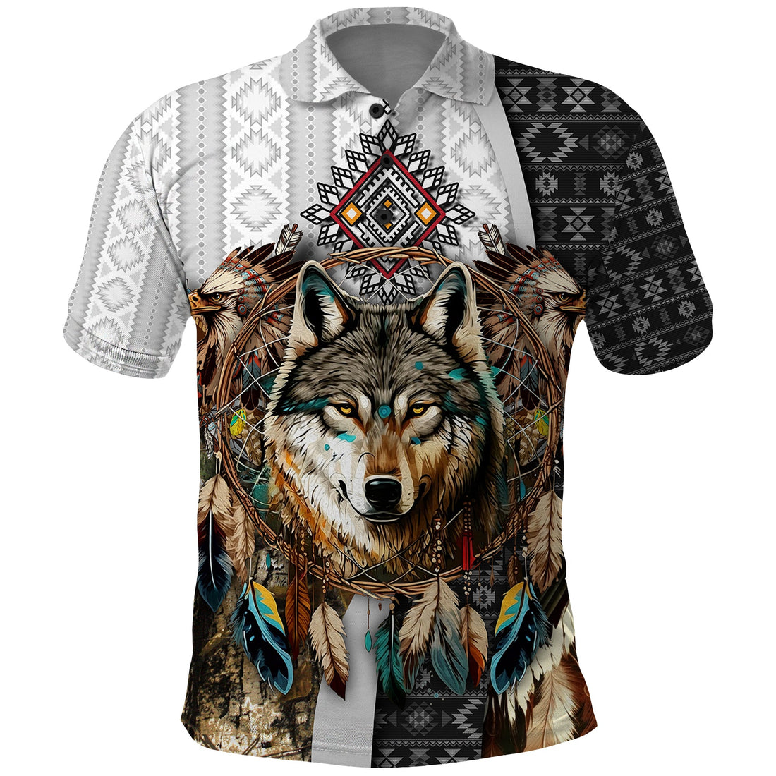 Native American Wolf Dreamcatcher with Eagles Feathers Polo Shirt TS04
