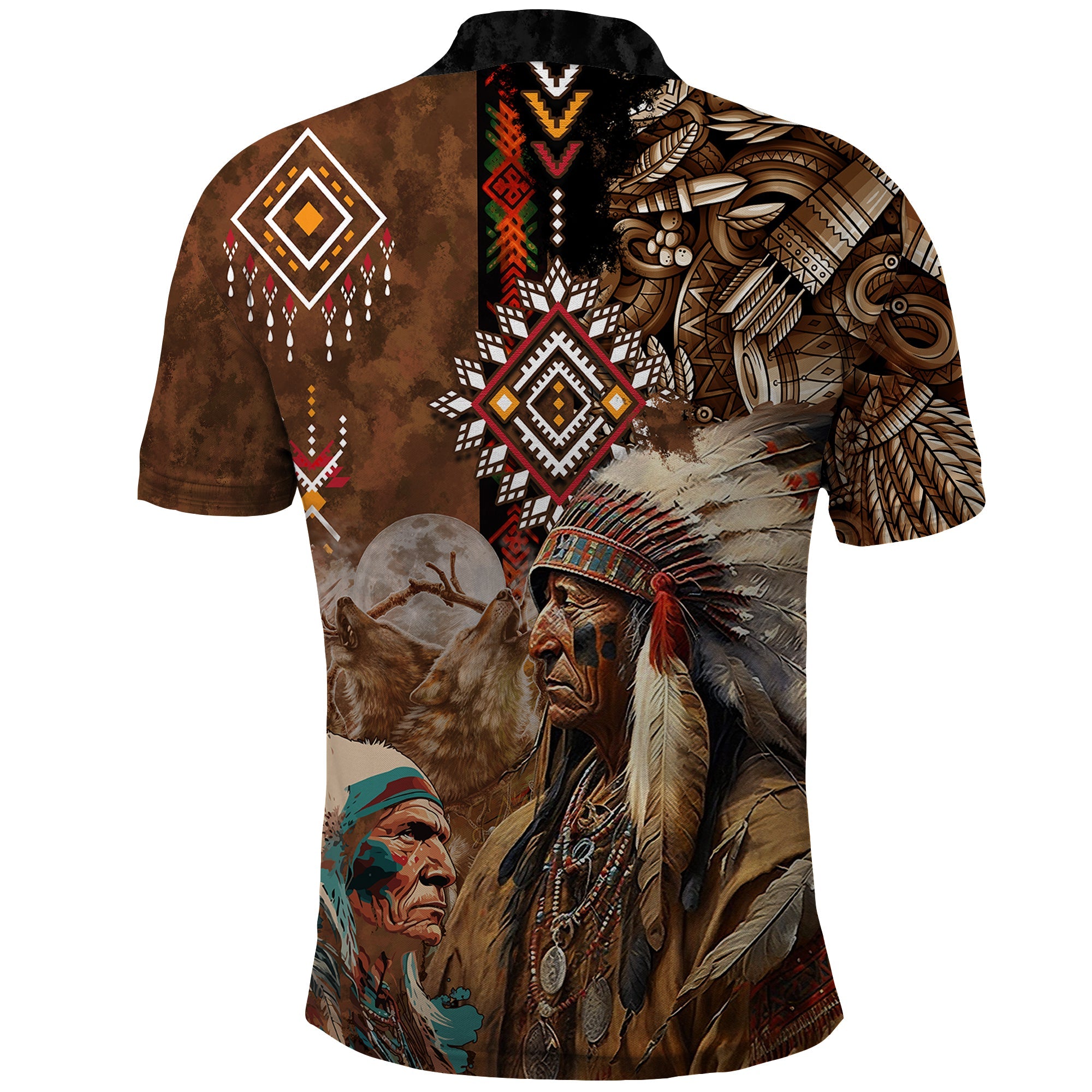 Native American Chiefs Headdress Warrior With Eagle Wolves Polo Shirt TS04