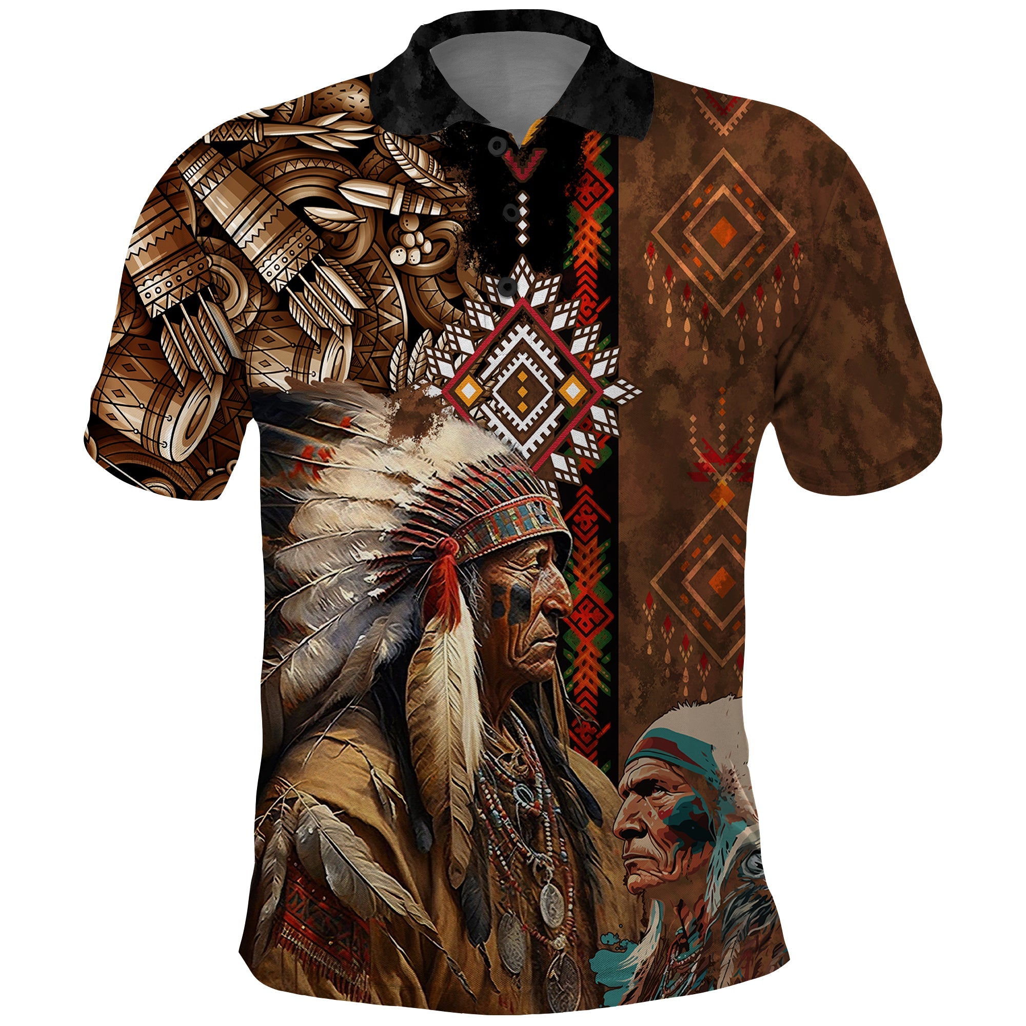 Native American Chiefs Headdress Warrior With Eagle Wolves Polo Shirt TS04