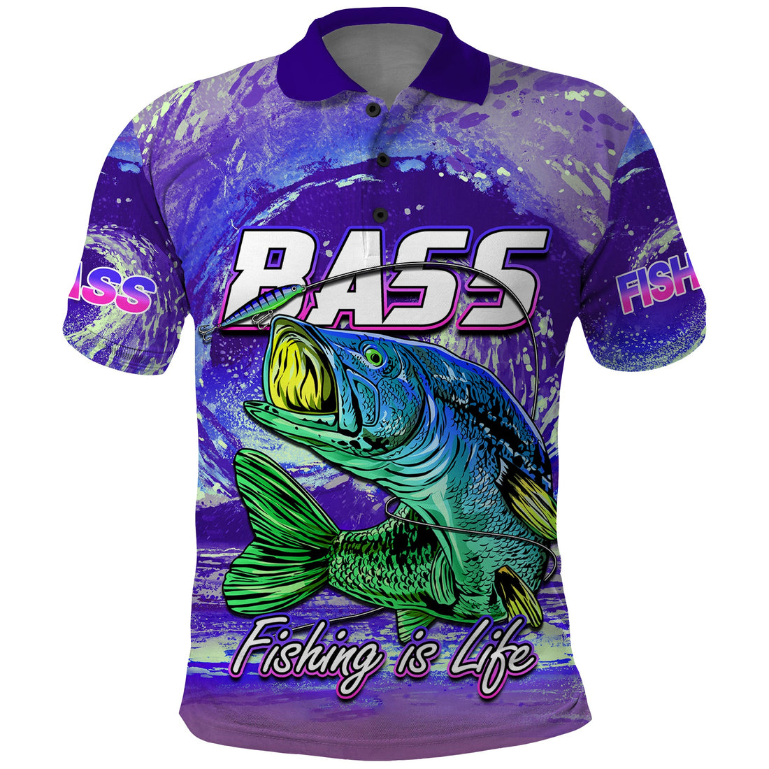 Bass Fishing Polo Shirt Fishing is Life Hook Sport Largemouth Purple LT9