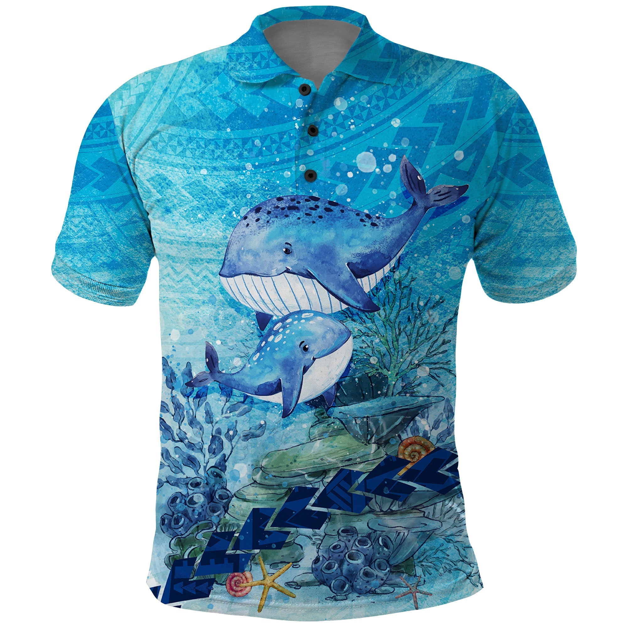 Mother and Baby Whale Mix Polynesian Style Polo Shirt TS07