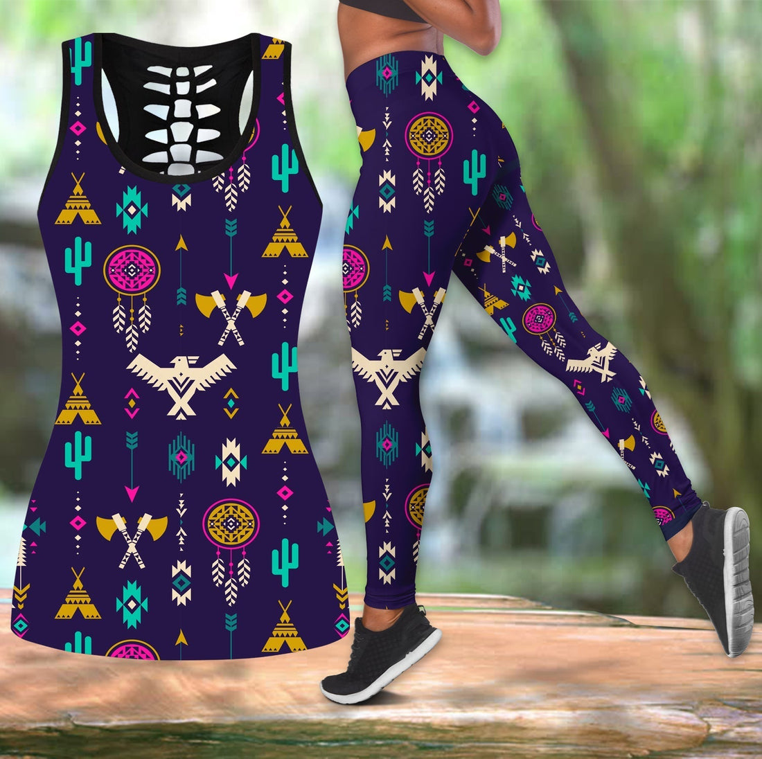 Native American Thunderbird Pattern Blue Hollow Tanktop Leggings Set LT10