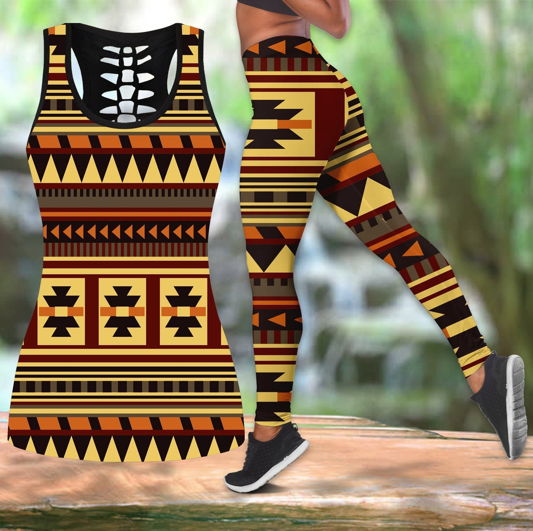 Native American Brown Ethnic Pattern Hollow Tanktop Leggings Set LT10