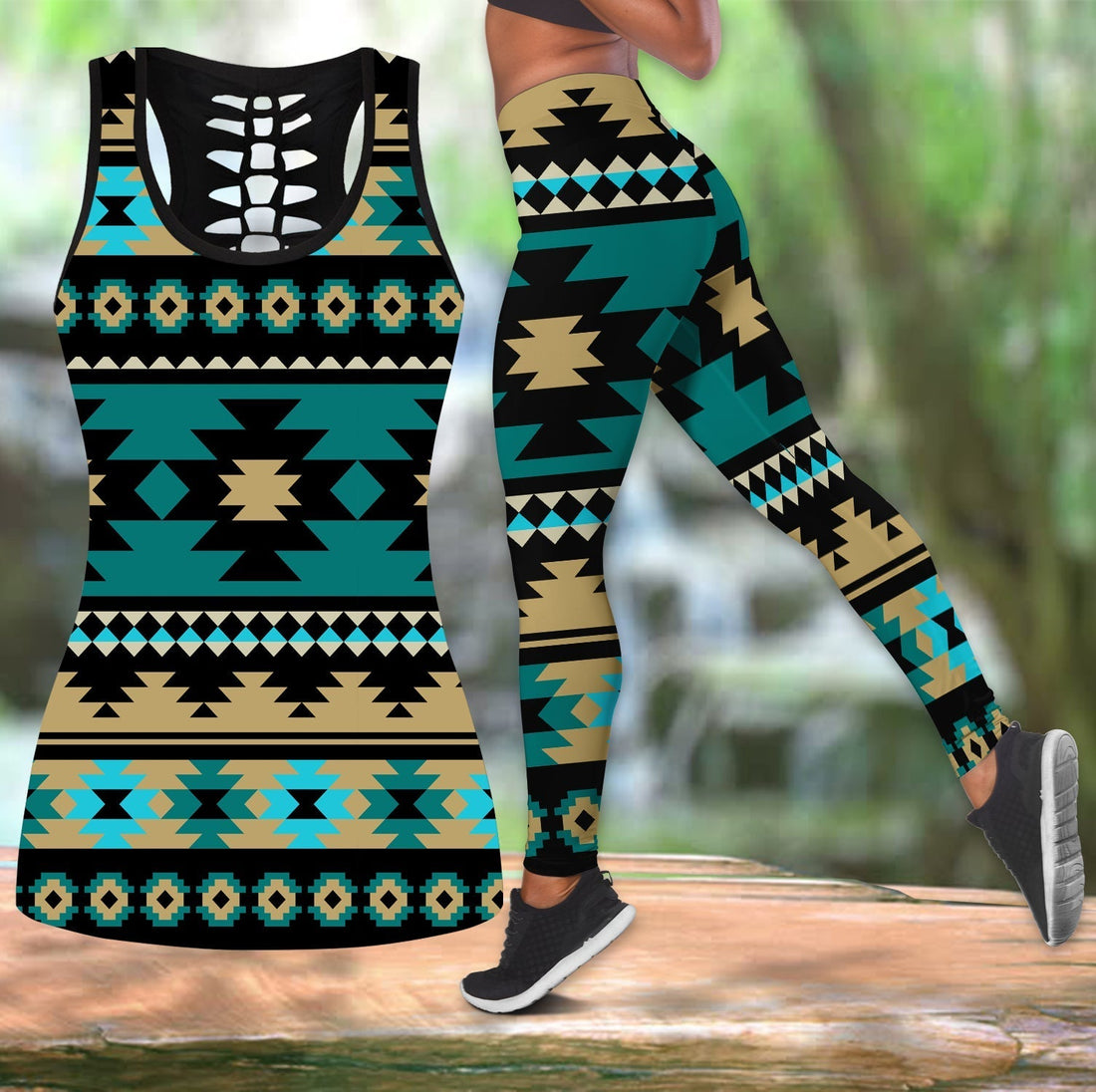 Native American Green Ethnic Aztec Pattern Hollow Tanktop Leggings Set LT10