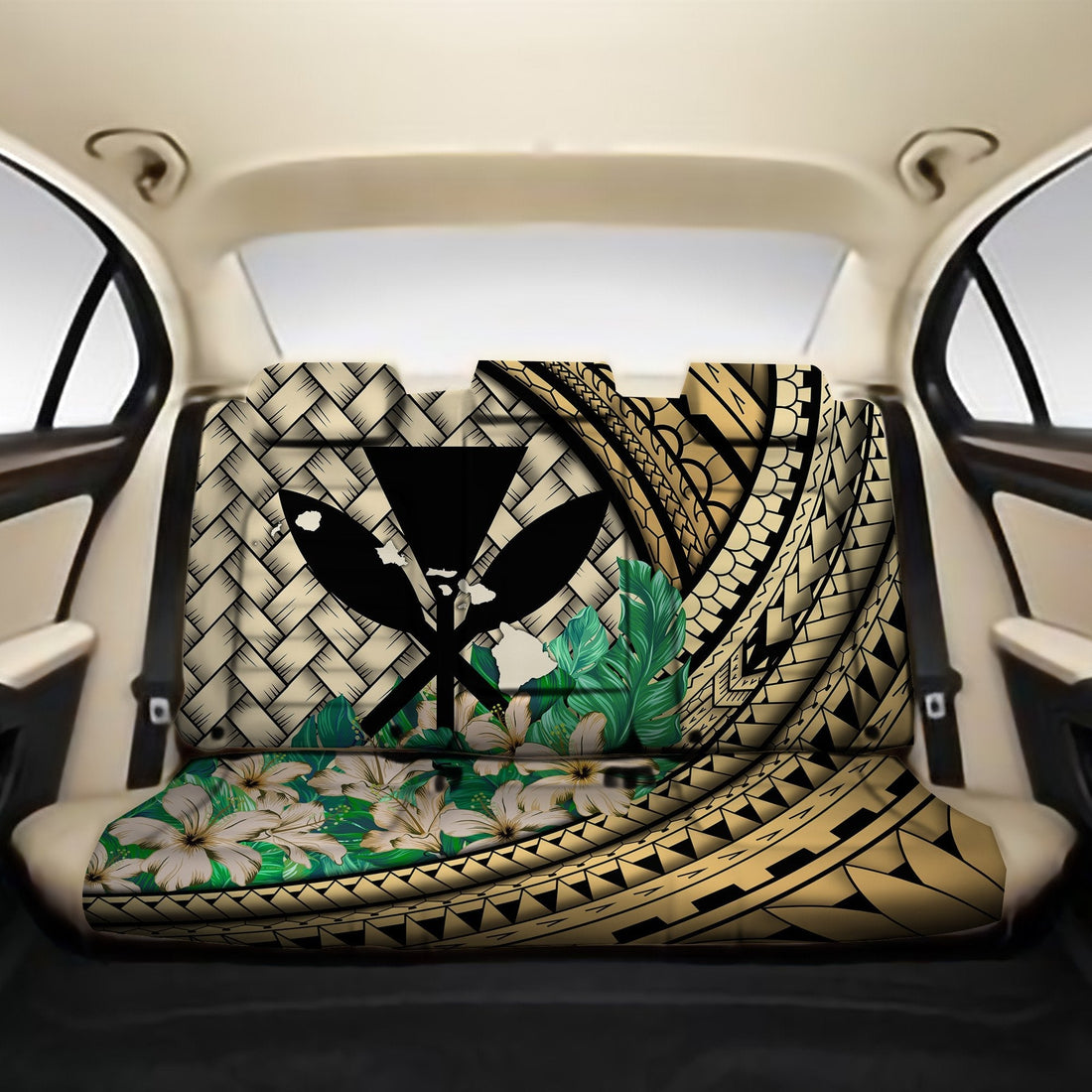 Kanaka Maoli (Hawaiian) Back Car Seat Covers - Lauhala Polynesian Hibiscus Gold