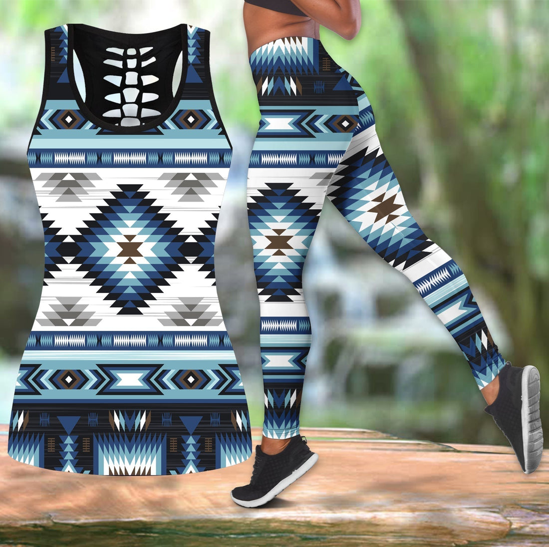 Native American Blue Colors Pattern Hollow Tanktop Leggings Set LT10