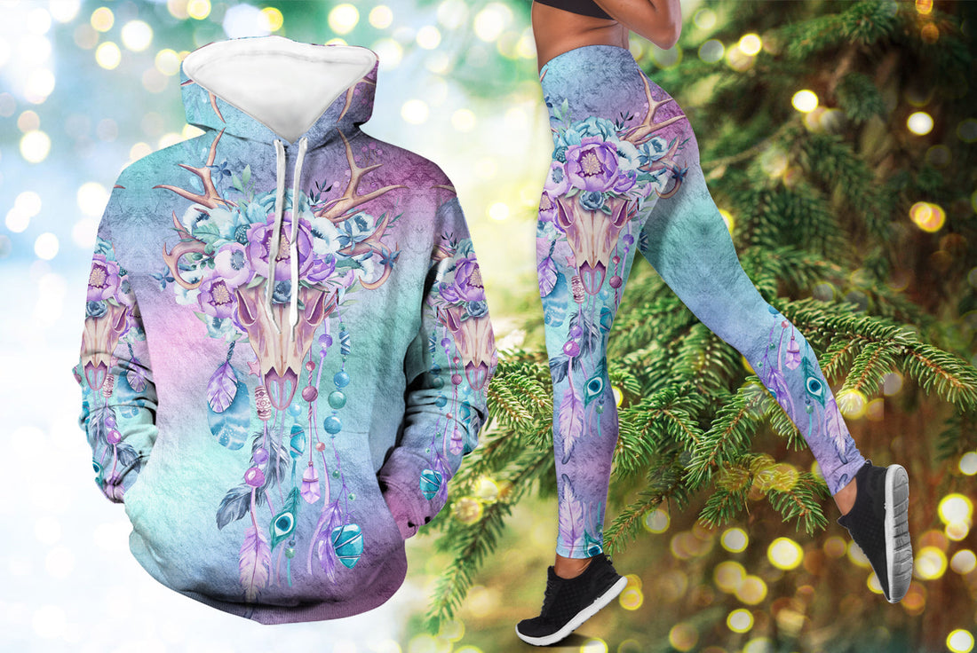 Native American Blue and Purple Bison Skull Hoodie Leggings Set LT10