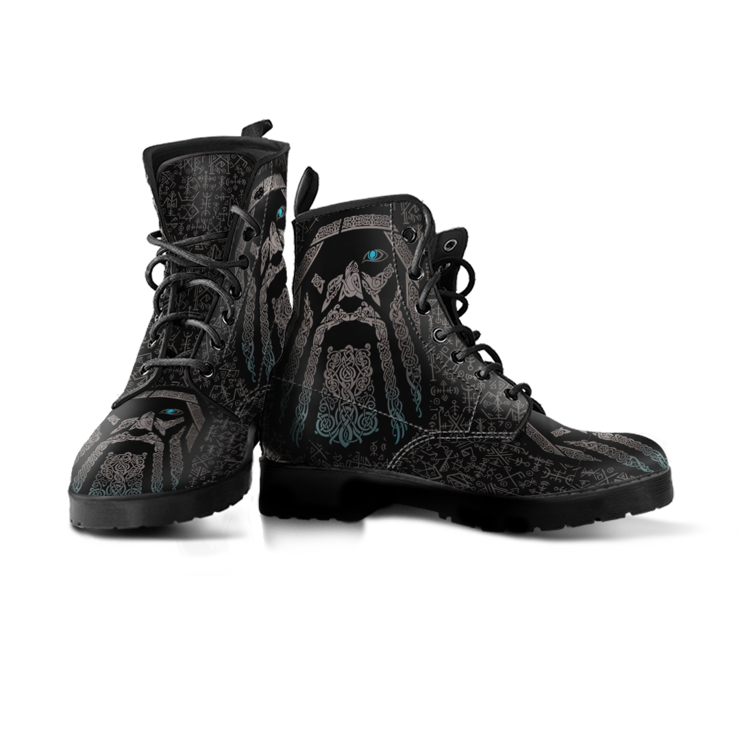 Viking Women's Leather Boots, God Odin Tattoo with Futhark RLT12