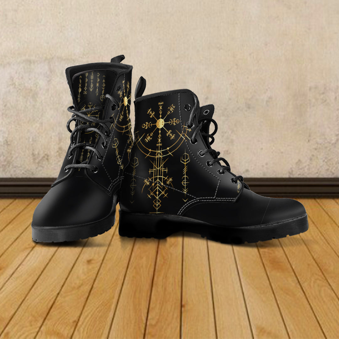 Viking Helm of Awe Gold Art Sherpa Leather Boots LT12