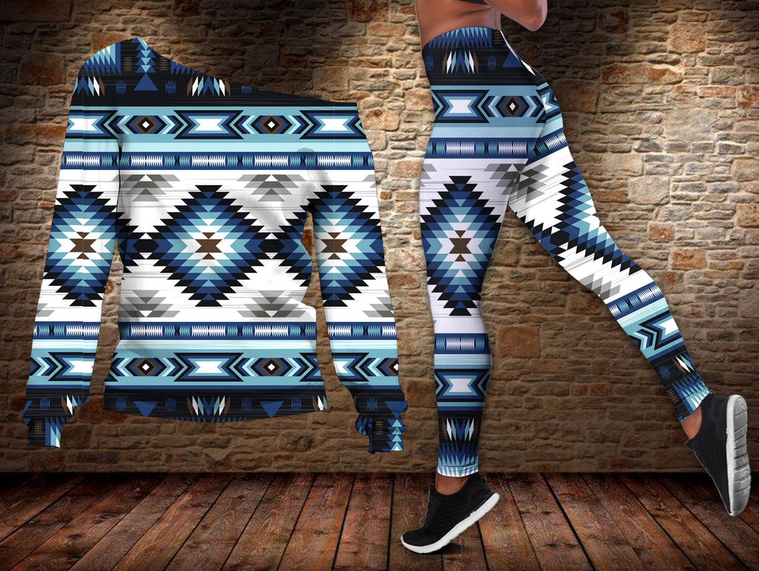 Native American Blue Colors Pattern Off shoulder Sweater Leggings Set LT10