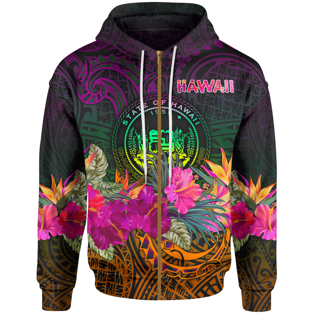 Polynesian Hawaii Zip Up Hoodie Summer Hibiscus