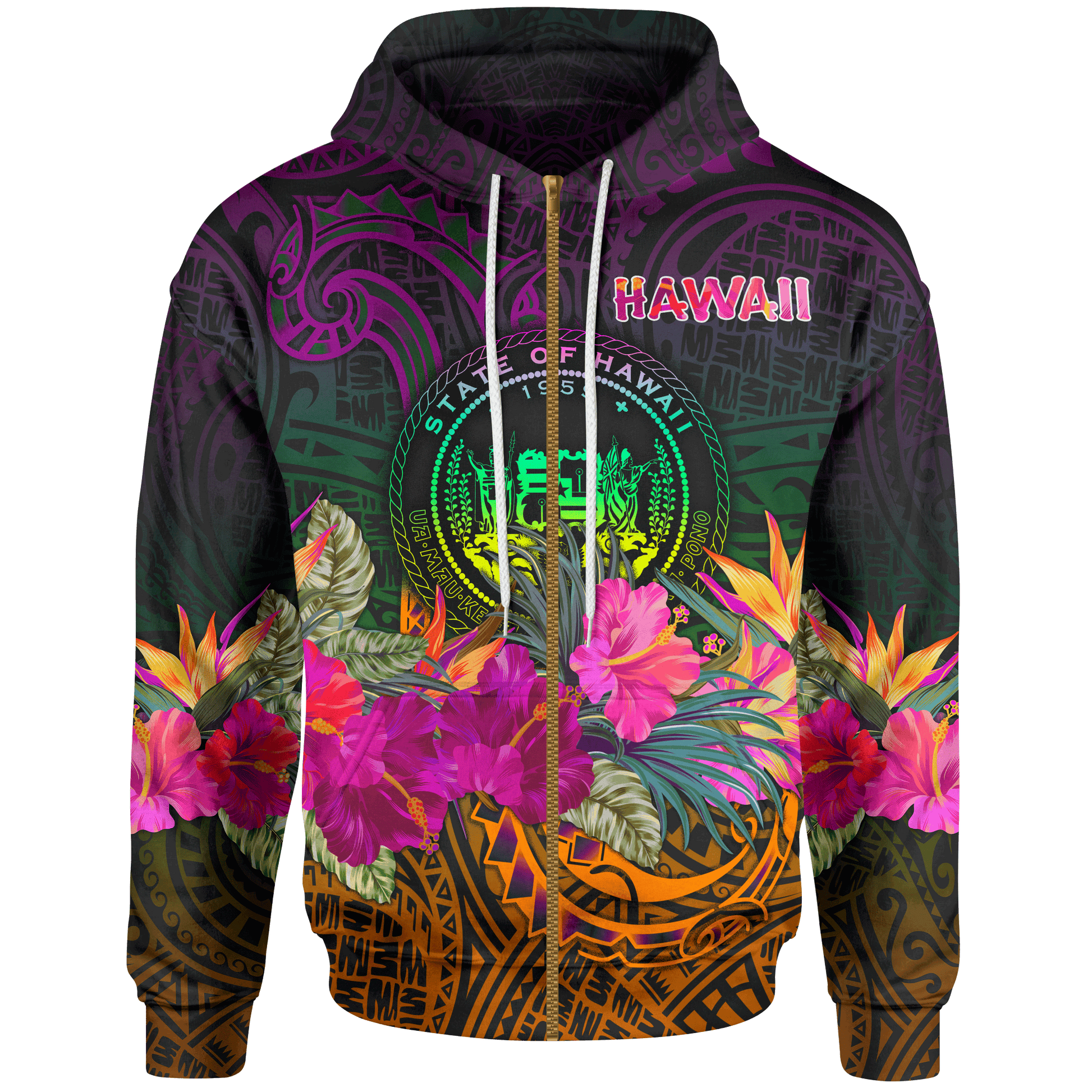 Polynesian Hawaii Zip Up Hoodie Summer Hibiscus