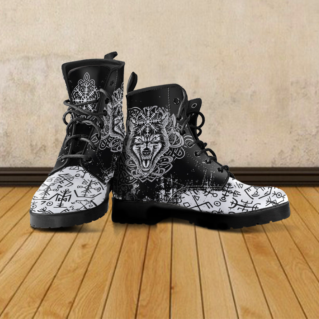 Viking Wolf With Vegvisir Art Leather Boots LT12