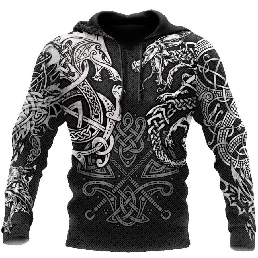 Viking Clothing Viking Wolf and Dragon Tattoo Hoodie RLT12