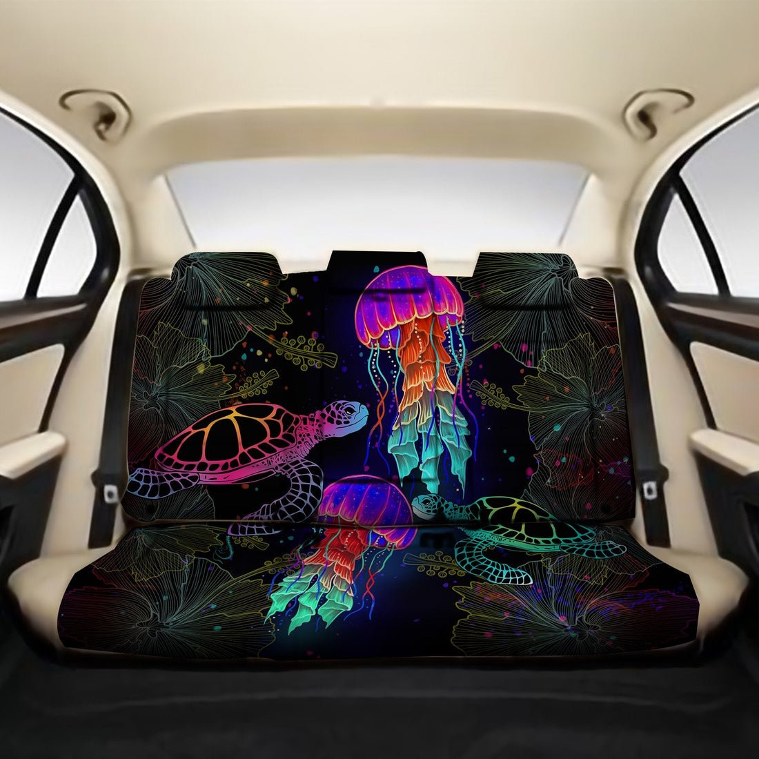 Kanaka Maoli (Hawaiian) Back Car Seat Covers -  Turtle and Jellyfish Colorful