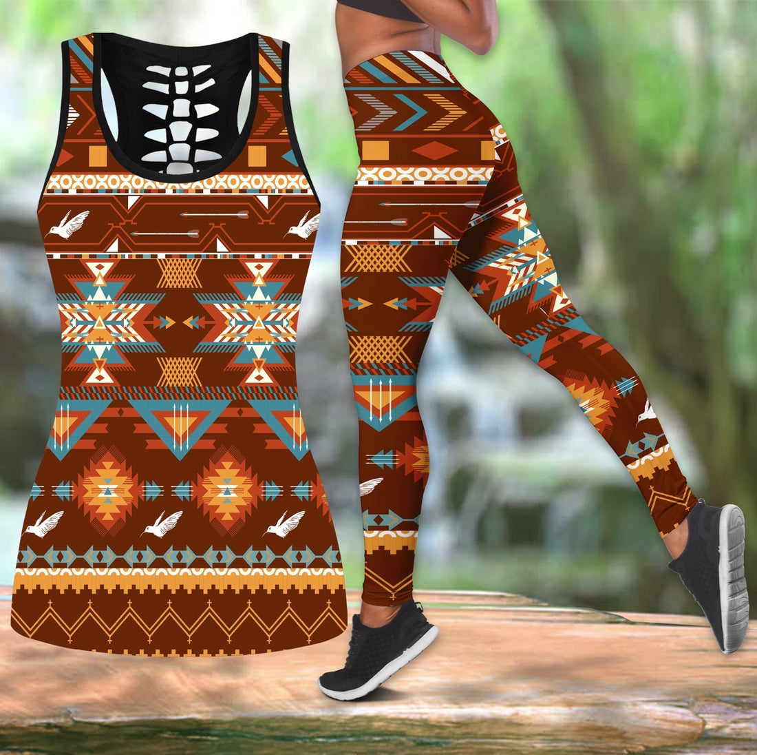 Native American Pattern With Birds Hollow Tanktop Leggings Set LT10