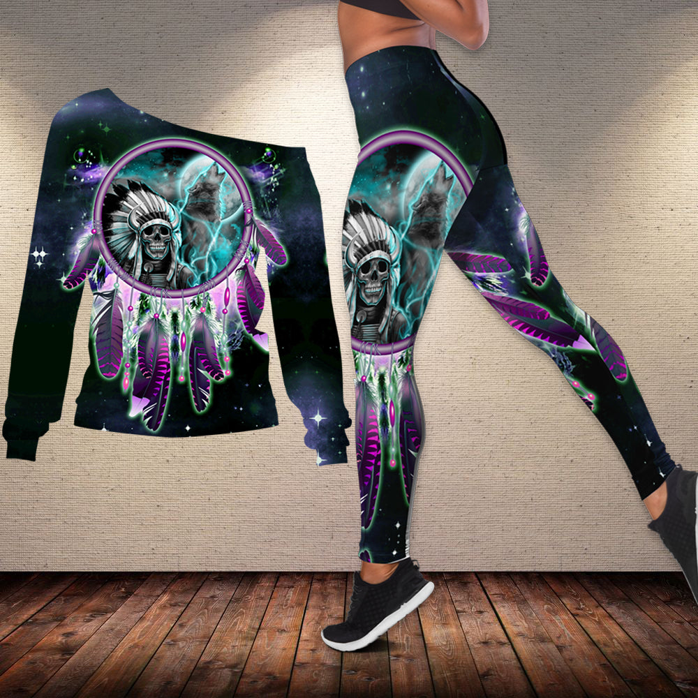 Native American Skull Chief Dream Catcher Off shoulder Sweater Leggings Set LT10