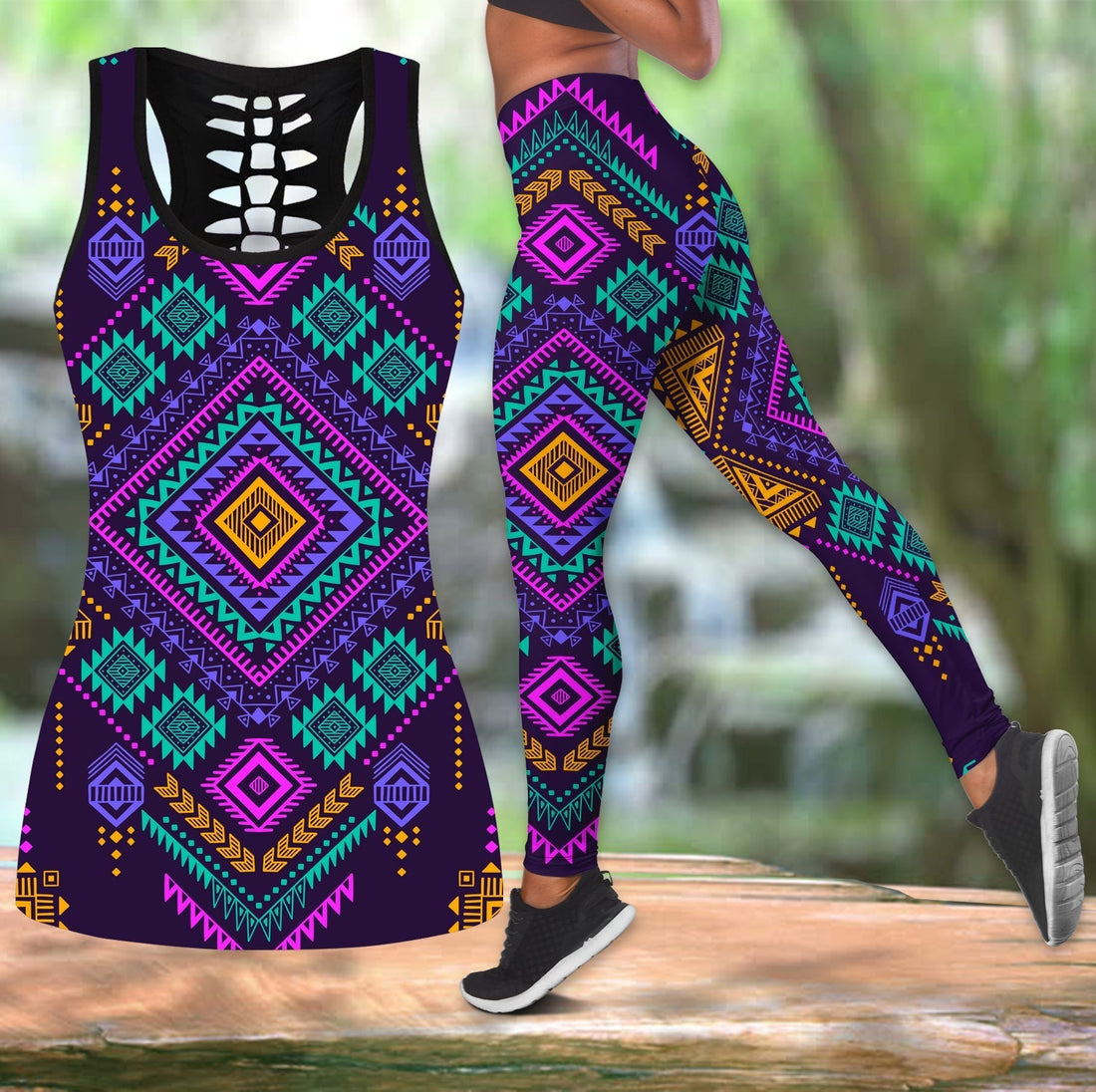 Native American Seamless Multicolored Tribal Hollow Tanktop Leggings Set LT10