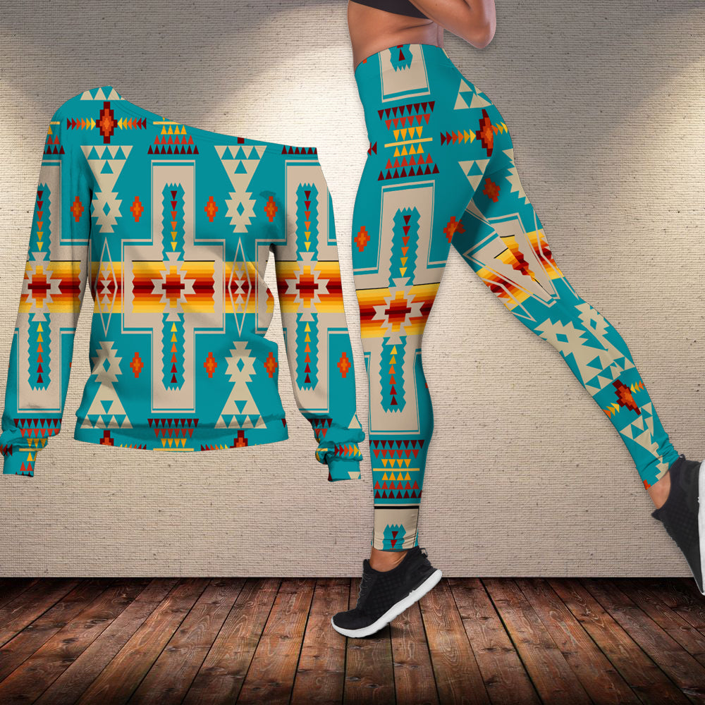 Native American Turquoise Tribe Design Off shoulder Sweater Leggings Set LT10