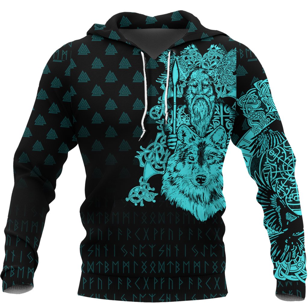 Viking Hoodie Old Norse Odin Tattoo Cyan RLT12