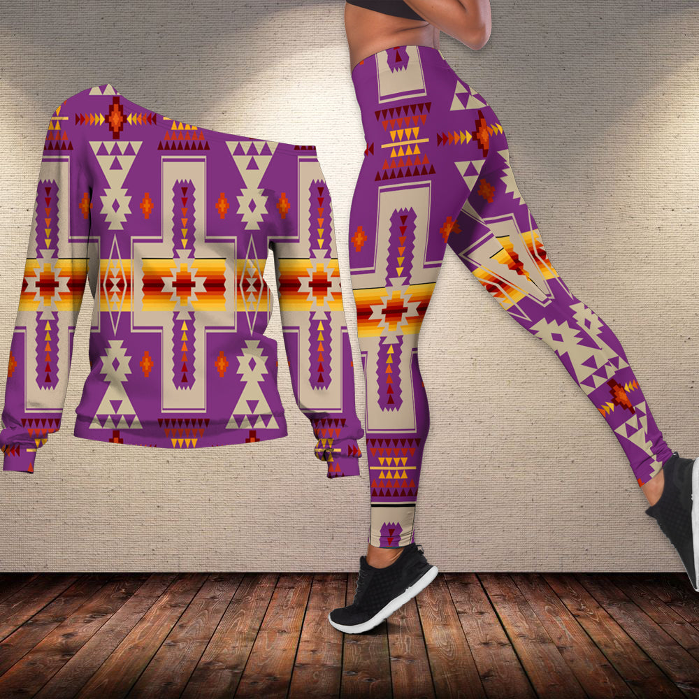 Native American Light Purple Tribe Design Off shoulder Sweater Leggings Set LT10