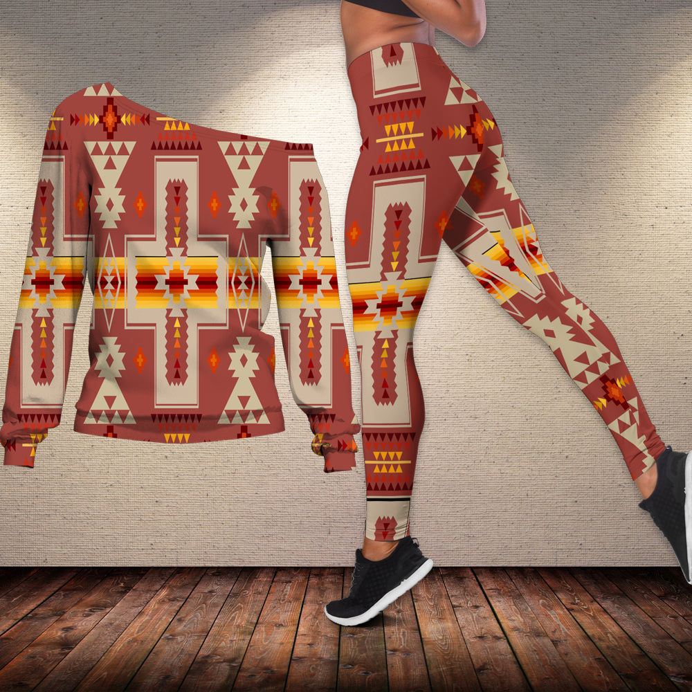 Native American Tan Tribe Design Off shoulder Sweater Leggings Set LT10