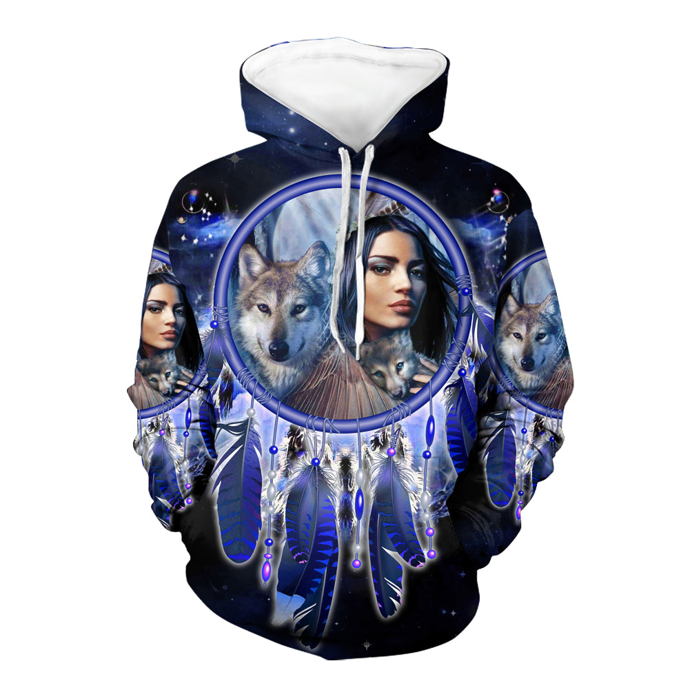 Native American Girl Dream Catcher Blue Galaxy 3D Hoodie LT10