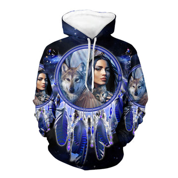 Native American Girl Dream Catcher Blue Galaxy 3D Hoodie LT10
