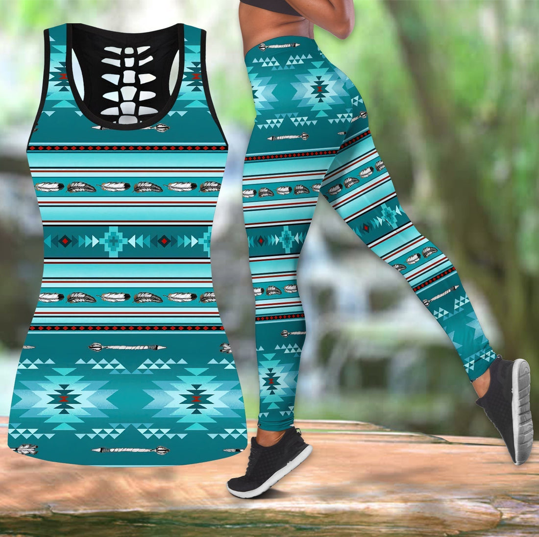Native American Blue Light Pattern Hollow Tanktop Leggings Set LT10