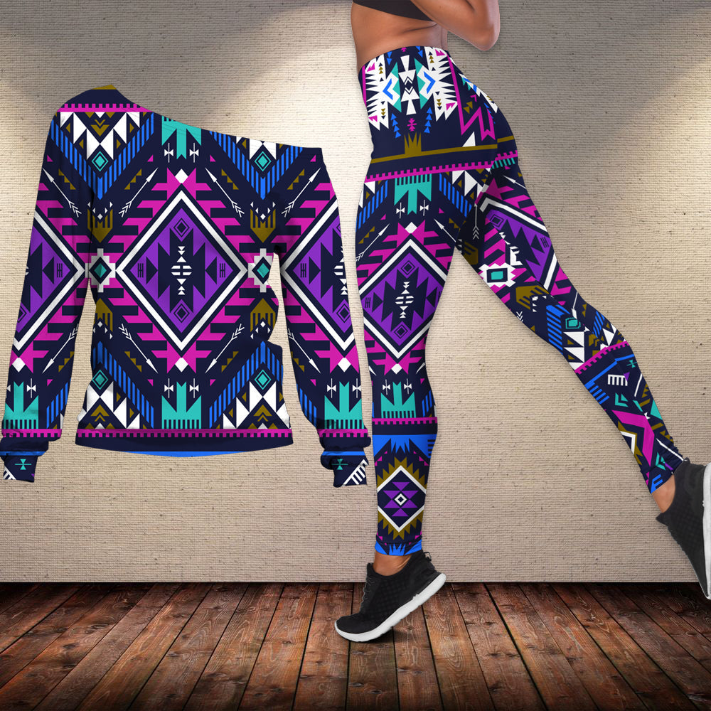 Native American Purple Tribe Pattern Off shoulder Sweater Leggings Set LT10