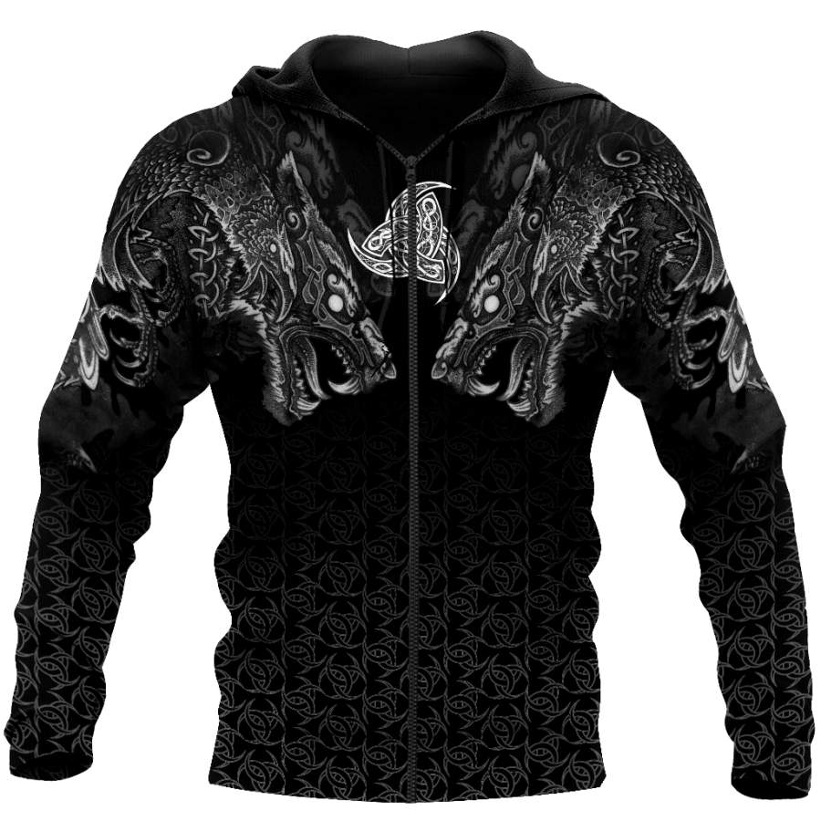 Viking Clothing Fenrir Wolf and Triple Horn Of Odin Viking Hoodie RLT12