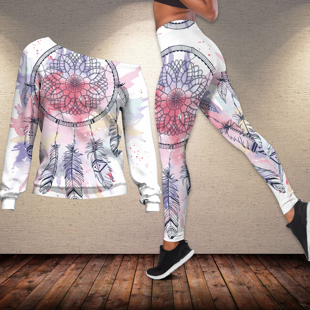 Native American Pink Water Color Dream Catcher Off shoulder Sweater Leggings Set LT10