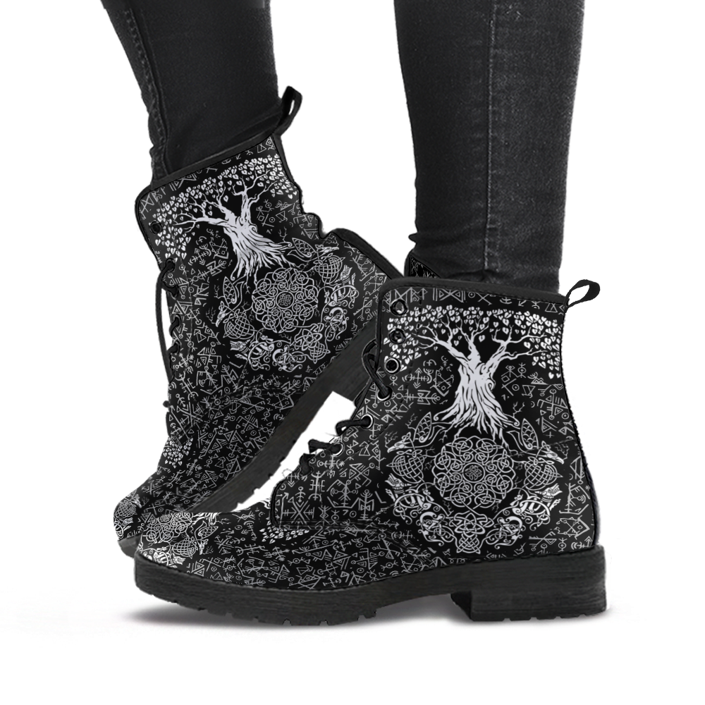 Viking Women's Leather Boots, Tree Of Life Celtic Knot with Futhark RLT12